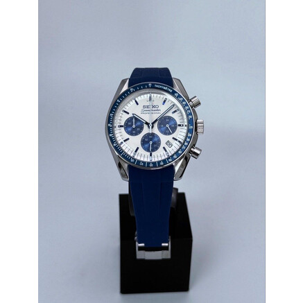 Custom Seiko Mod • Blue Panda Speedmaster on Rubber Strap (Quartz Chronograph) • 40mm